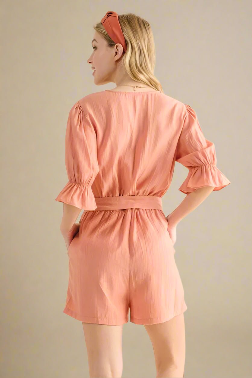 And the Why - Peach Belted Puff Sleeve Romper