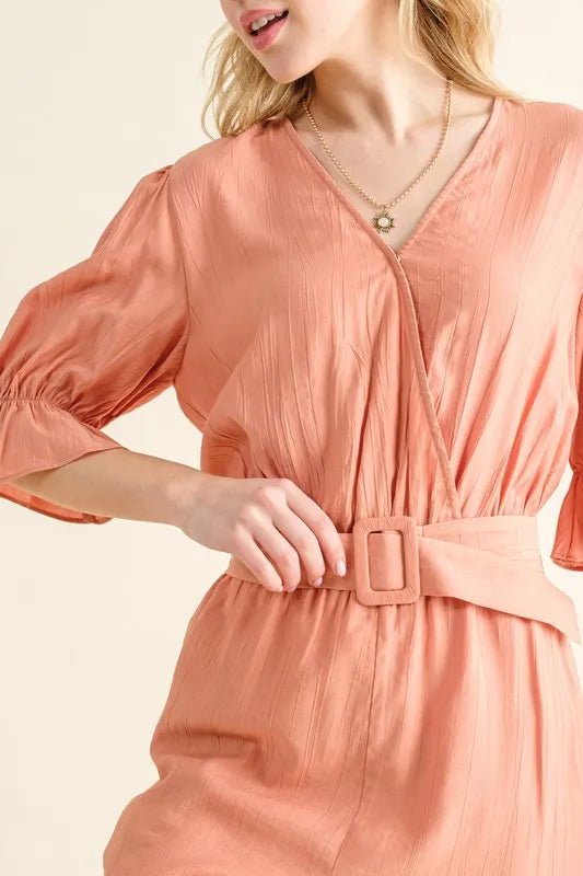 And the Why - Peach Belted Puff Sleeve Romper
