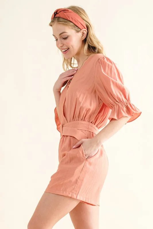 And the Why - Peach Belted Puff Sleeve Romper