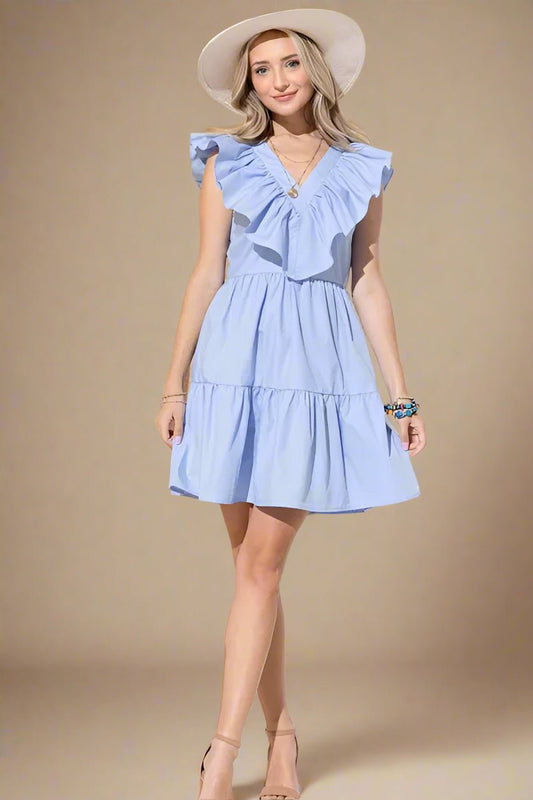 And the Why - Periwinkle Ruffle V - Neck Tiered Mini Dress