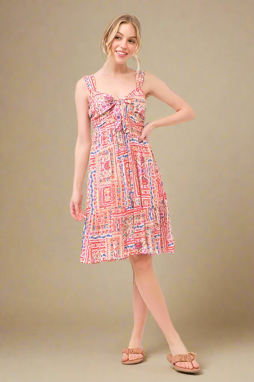 And the Why - Pink Multi Boho Tile Print Tie Front Sundress