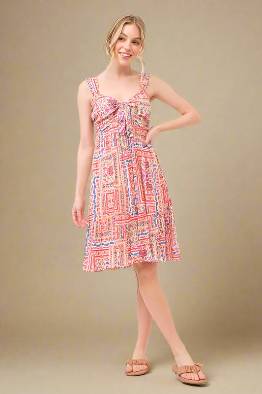 And the Why - Pink Multi Boho Tile Print Tie Front Sundress