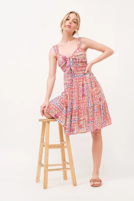 And the Why - Pink Multi Boho Tile Print Tie Front Sundress