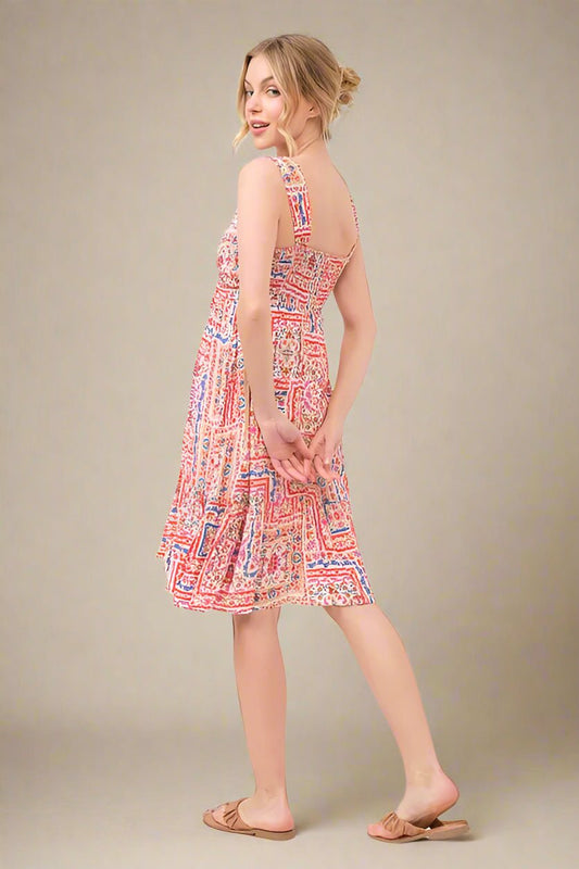 And the Why - Pink Multi Boho Tile Print Tie Front Sundress