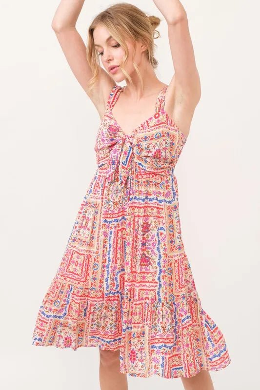 And the Why - Pink Multi Boho Tile Print Tie Front Sundress