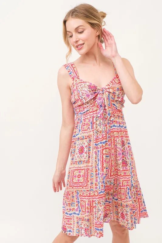 And the Why - Pink Multi Boho Tile Print Tie Front Sundress