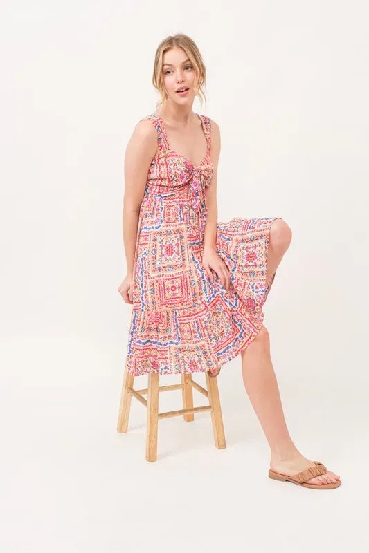 And the Why - Pink Multi Boho Tile Print Tie Front Sundress
