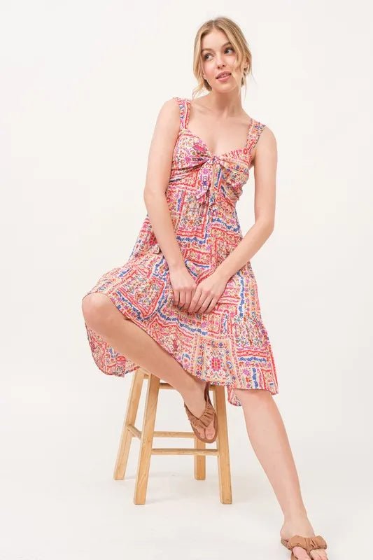 And the Why - Pink Multi Boho Tile Print Tie Front Sundress