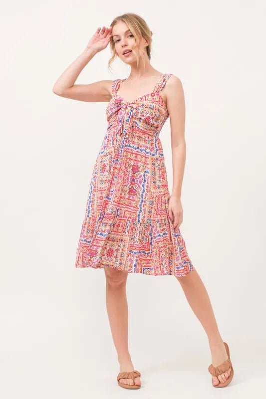 And the Why - Pink Multi Boho Tile Print Tie Front Sundress