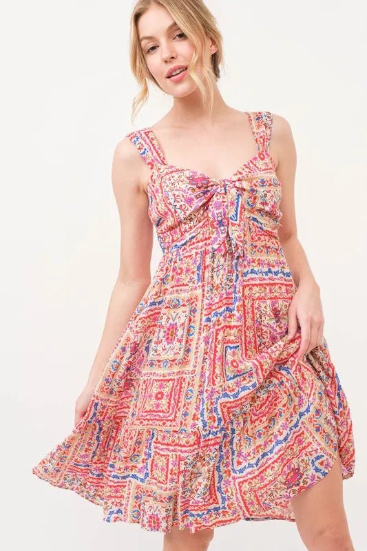 And the Why - Pink Multi Boho Tile Print Tie Front Sundress