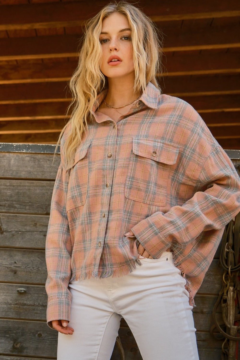 And the Why - Plaid Button Up Raw Hem Shirt in Pink