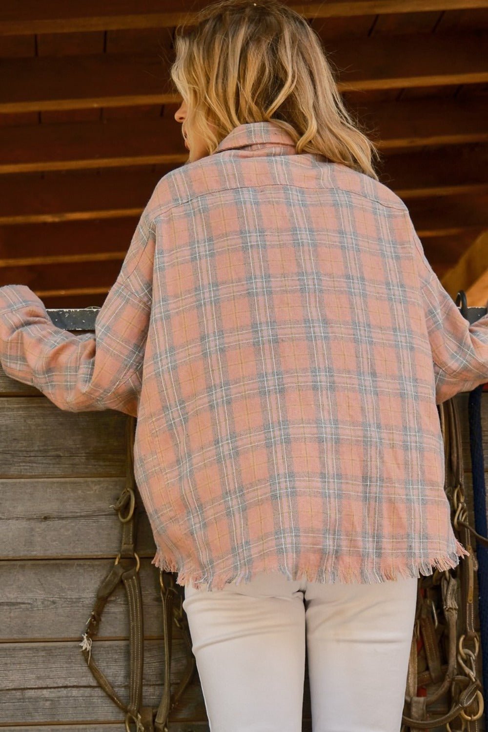 And the Why - Plaid Button Up Raw Hem Shirt in Pink