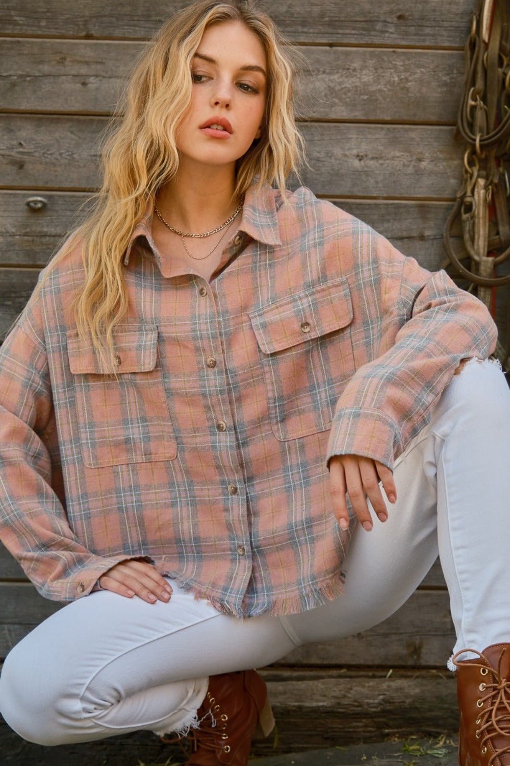 And the Why - Plaid Button Up Raw Hem Shirt in Pink