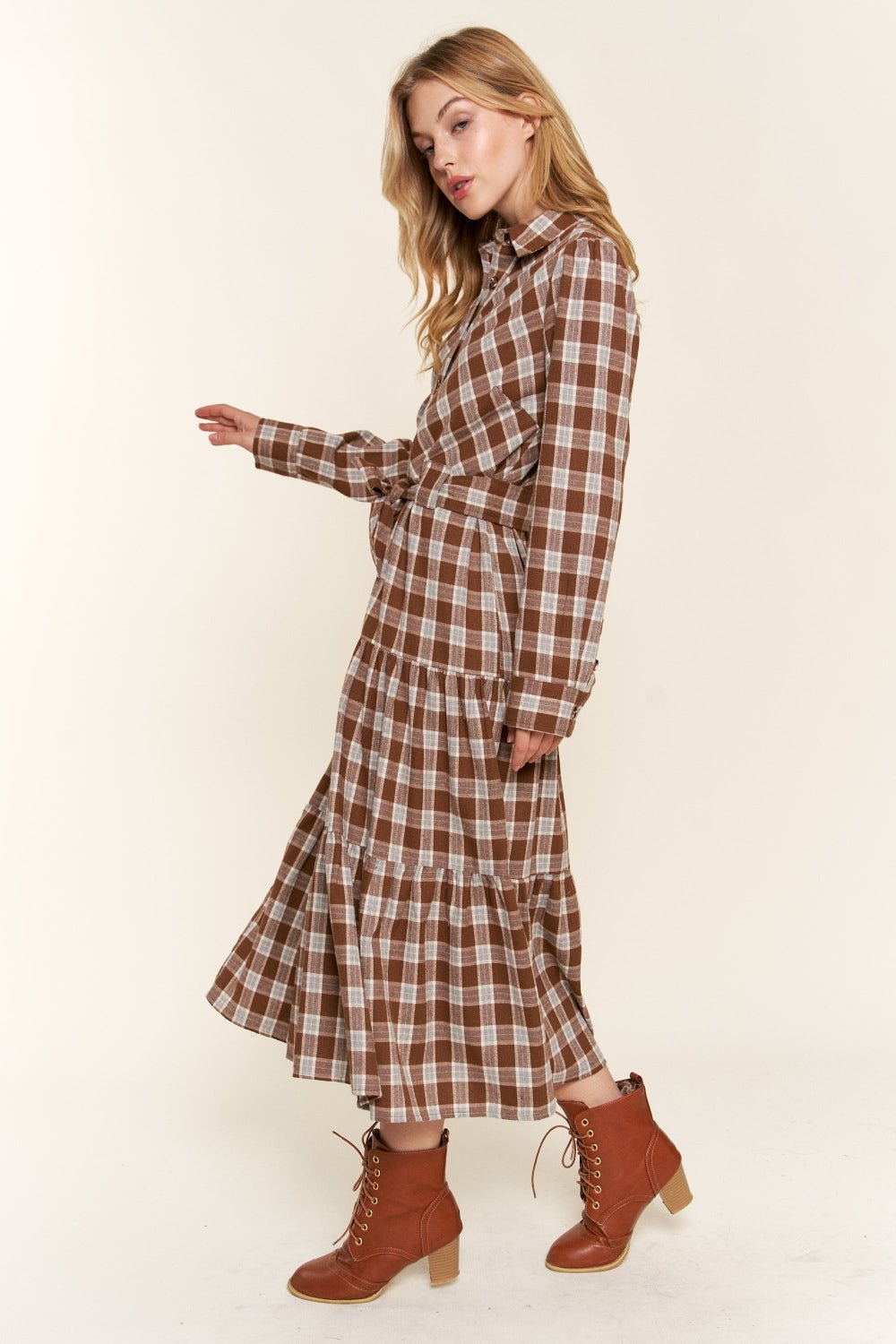 And the Why - Plaid Tiered Midi Shirt Dress in Brown