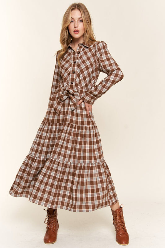 And the Why - Plaid Tiered Midi Shirt Dress in Brown