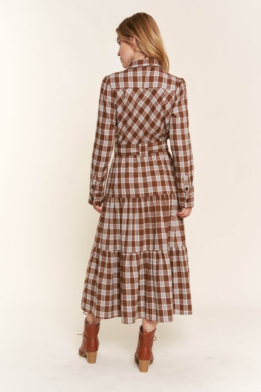 And the Why - Plaid Tiered Midi Shirt Dress in Brown