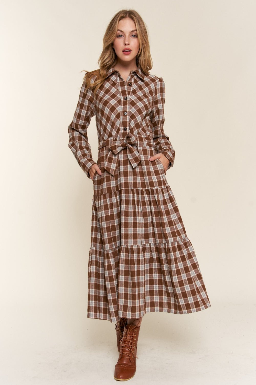 And the Why - Plaid Tiered Midi Shirt Dress in Brown