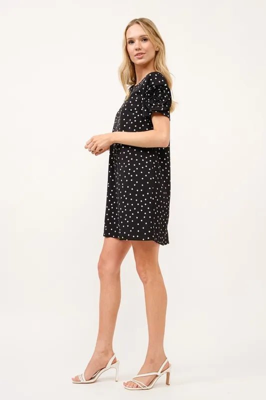 And the Why - Polka Dot Flower Sleeve Mini Dress in Black & White