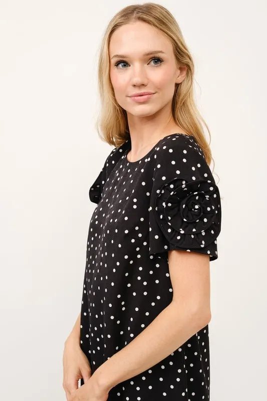And the Why - Polka Dot Flower Sleeve Mini Dress in Black & White