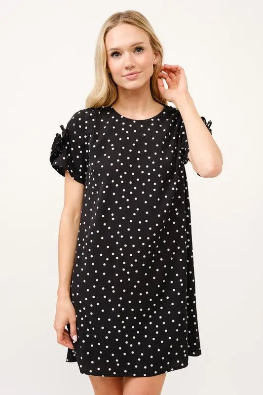 And the Why - Polka Dot Flower Sleeve Mini Dress in Black & White