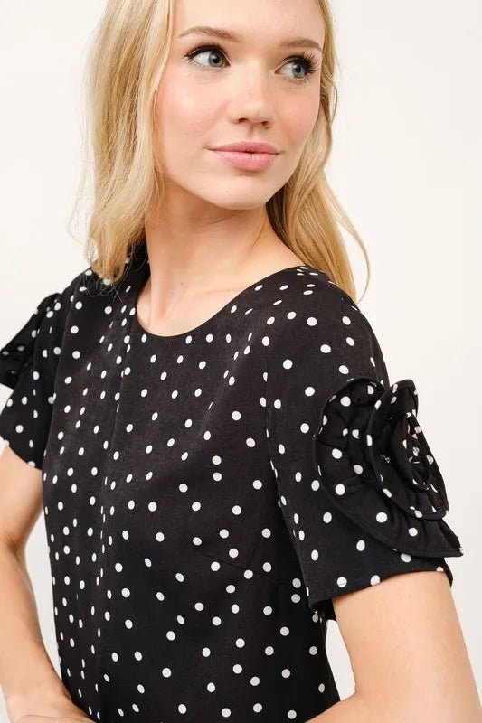 And the Why - Polka Dot Flower Sleeve Mini Dress in Black & White