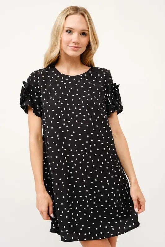 And the Why - Polka Dot Flower Sleeve Mini Dress in Black & White