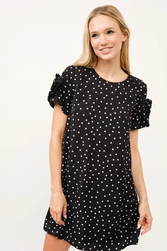 And the Why - Polka Dot Flower Sleeve Mini Dress in Black & White