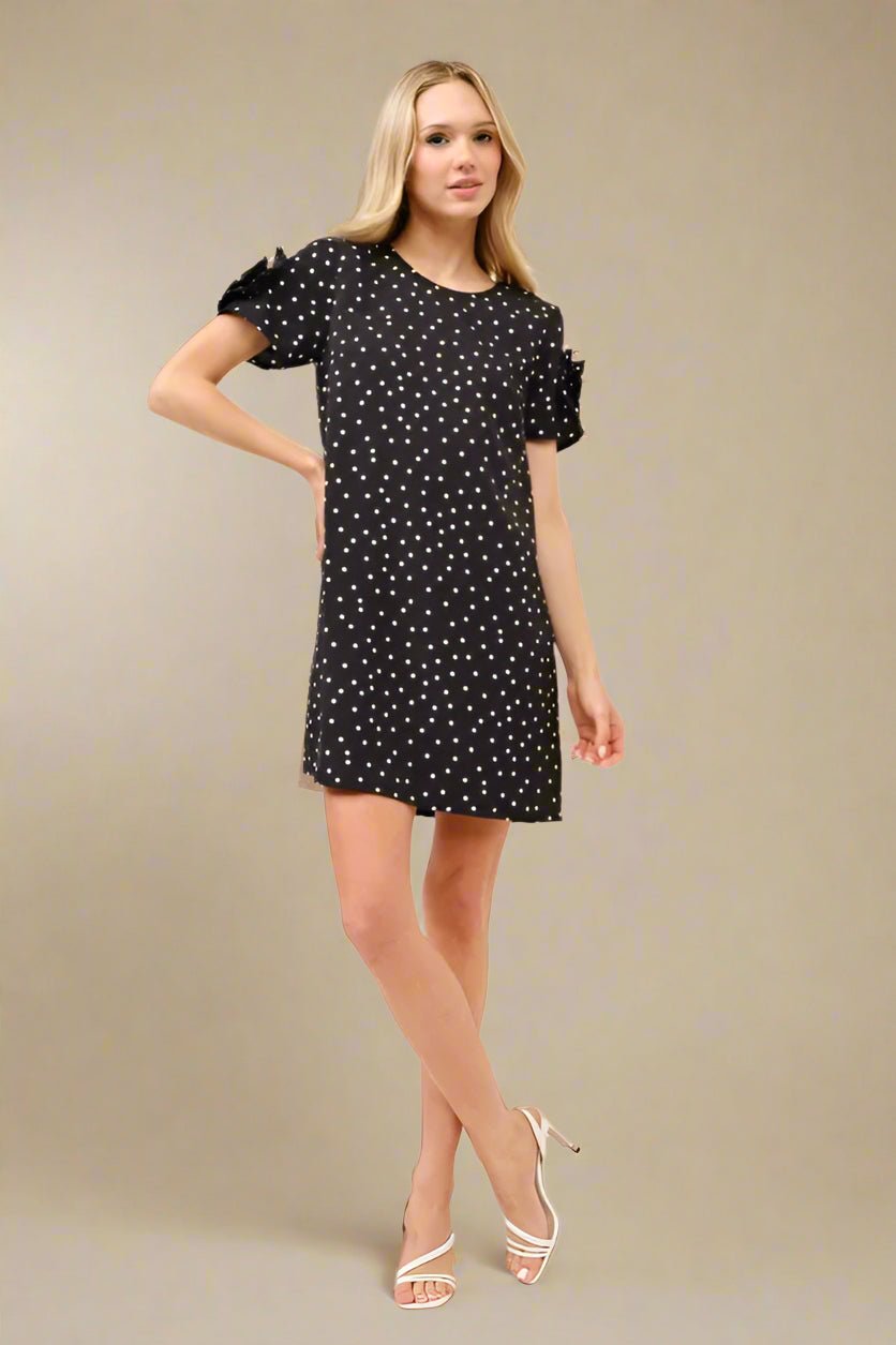 And the Why - Polka Dot Flower Sleeve Mini Dress in Black & White