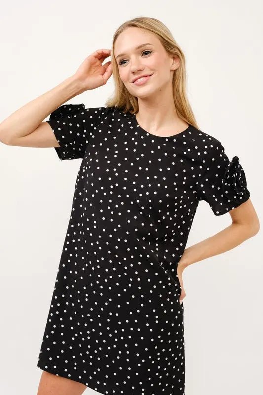 And the Why - Polka Dot Flower Sleeve Mini Dress in Black & White