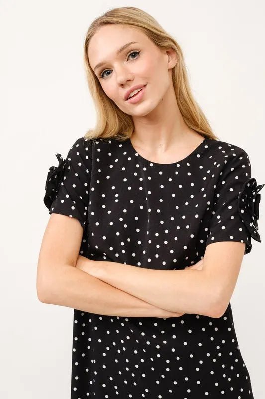 And the Why - Polka Dot Flower Sleeve Mini Dress in Black & White