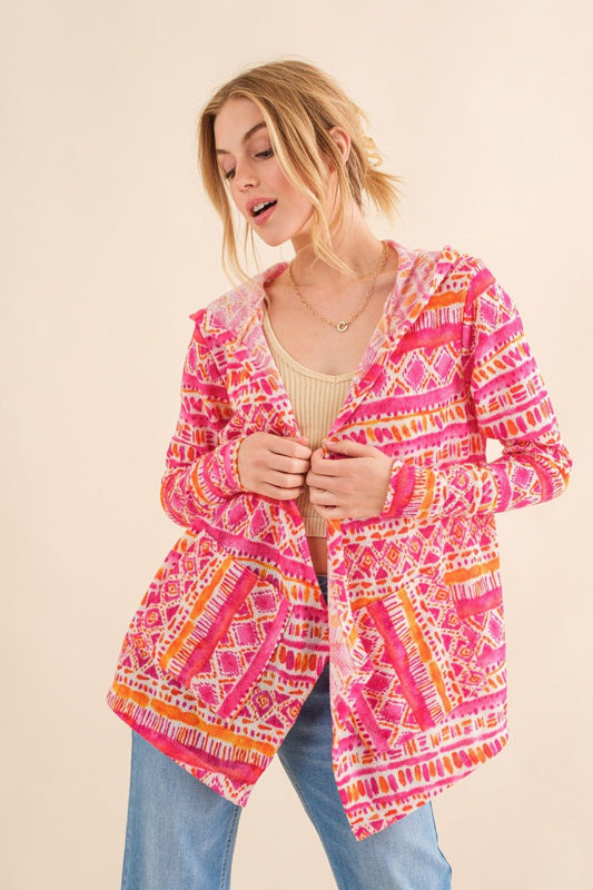 And the Why - Printed Thermal Hooded Open Front Cardigan in Coral