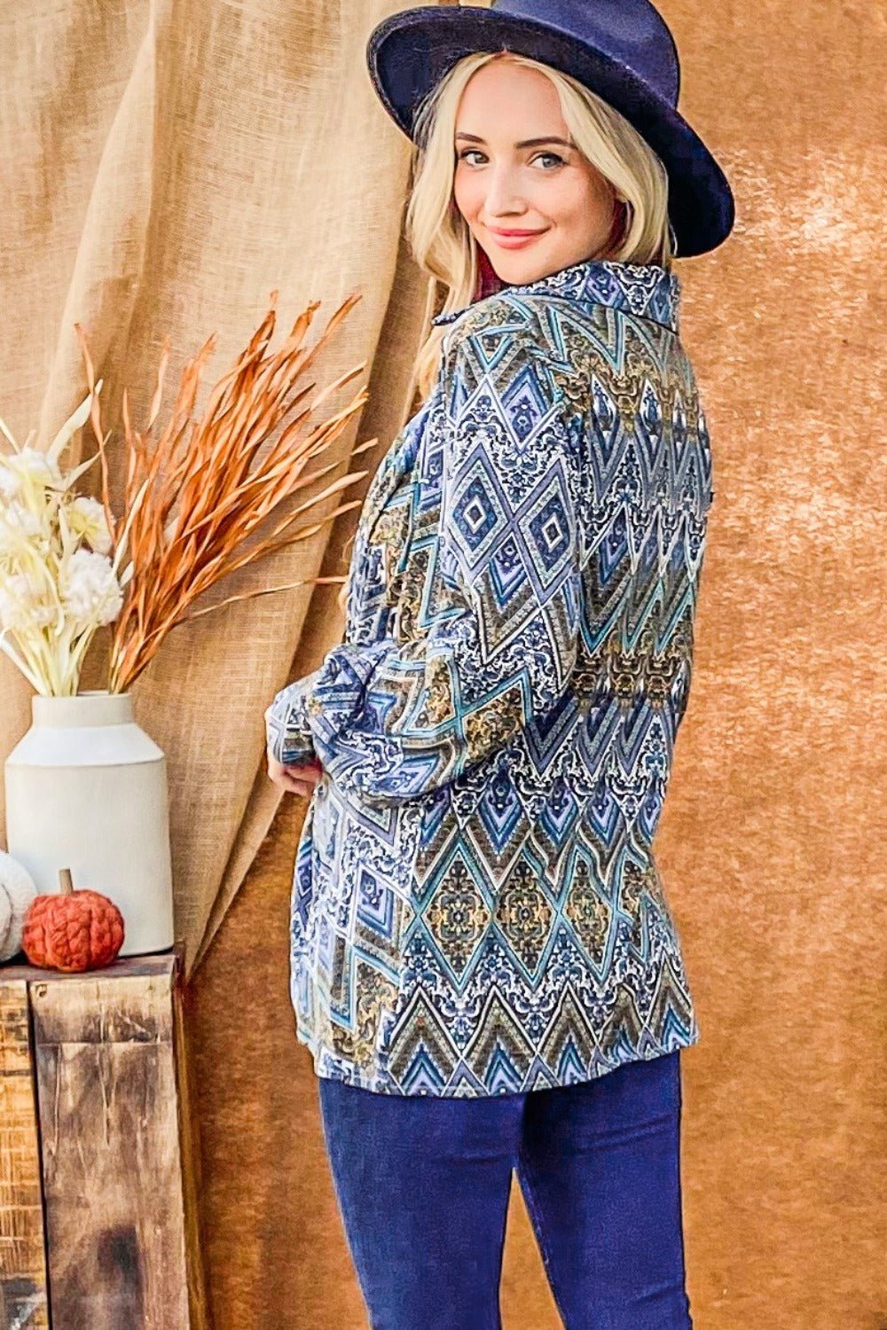 And the Why - Printed Twist Knot Long Sleeve Blouse in French Blue