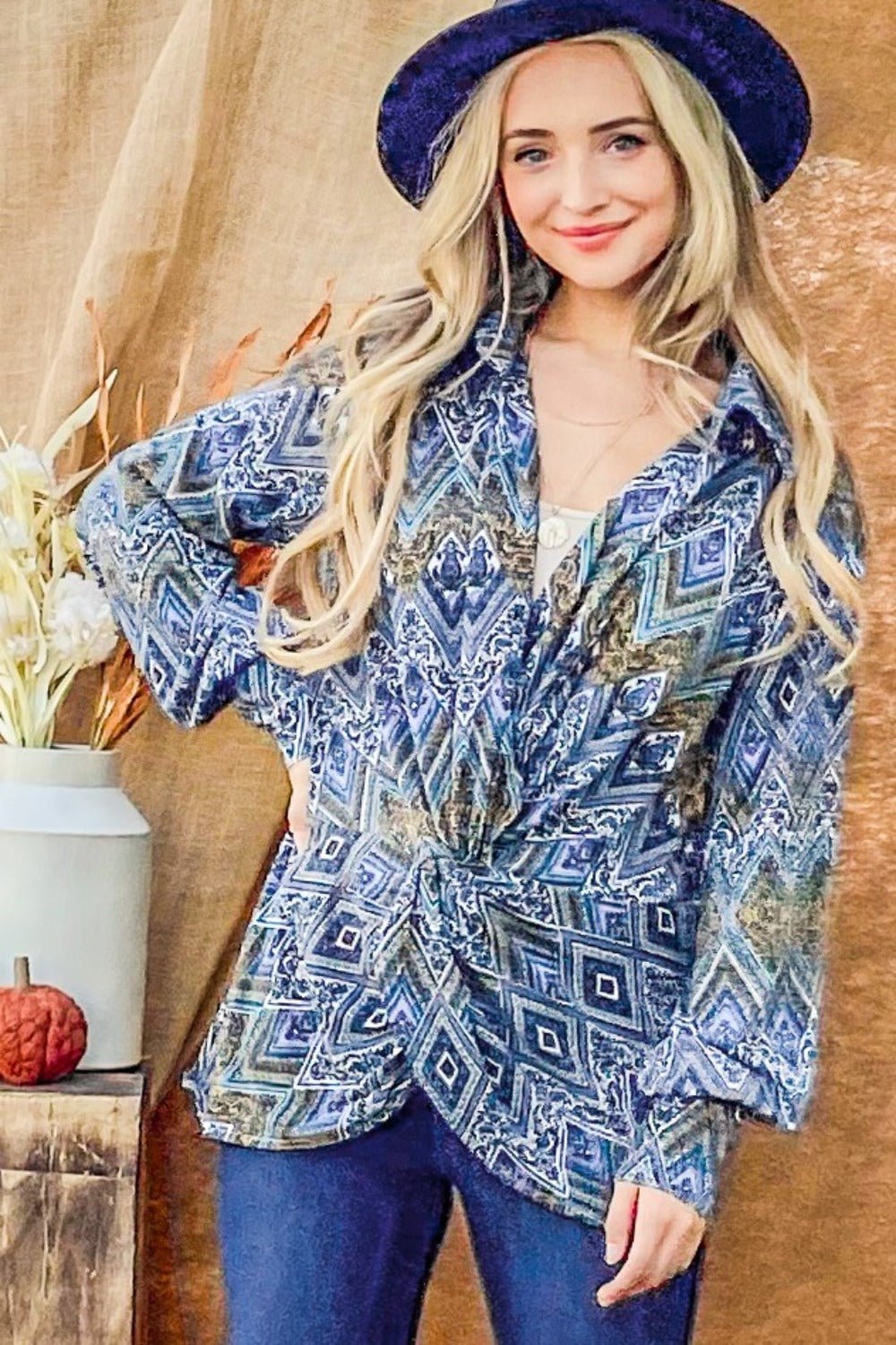 And the Why - Printed Twist Knot Long Sleeve Blouse in French Blue