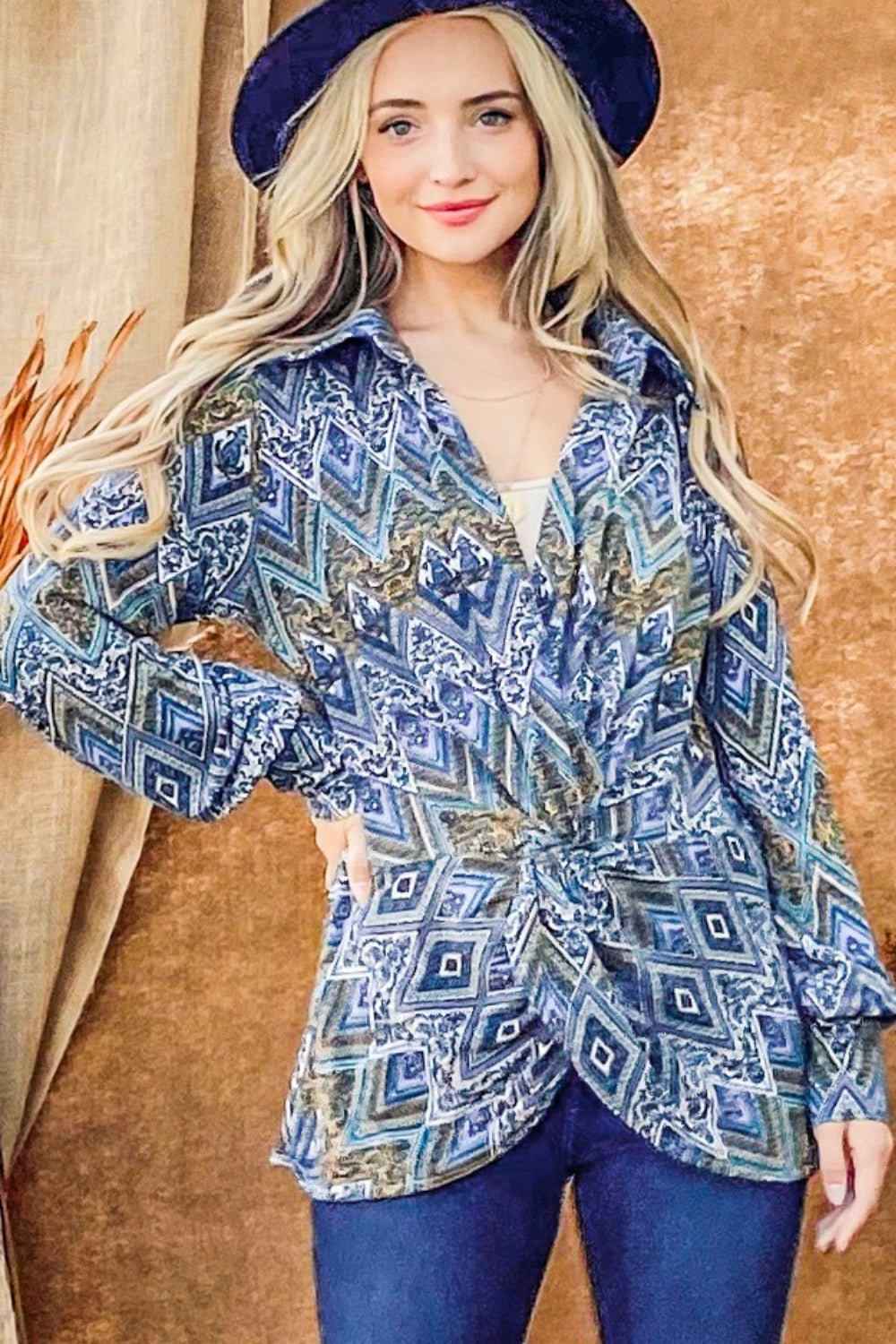 And the Why - Printed Twist Knot Long Sleeve Blouse in French Blue