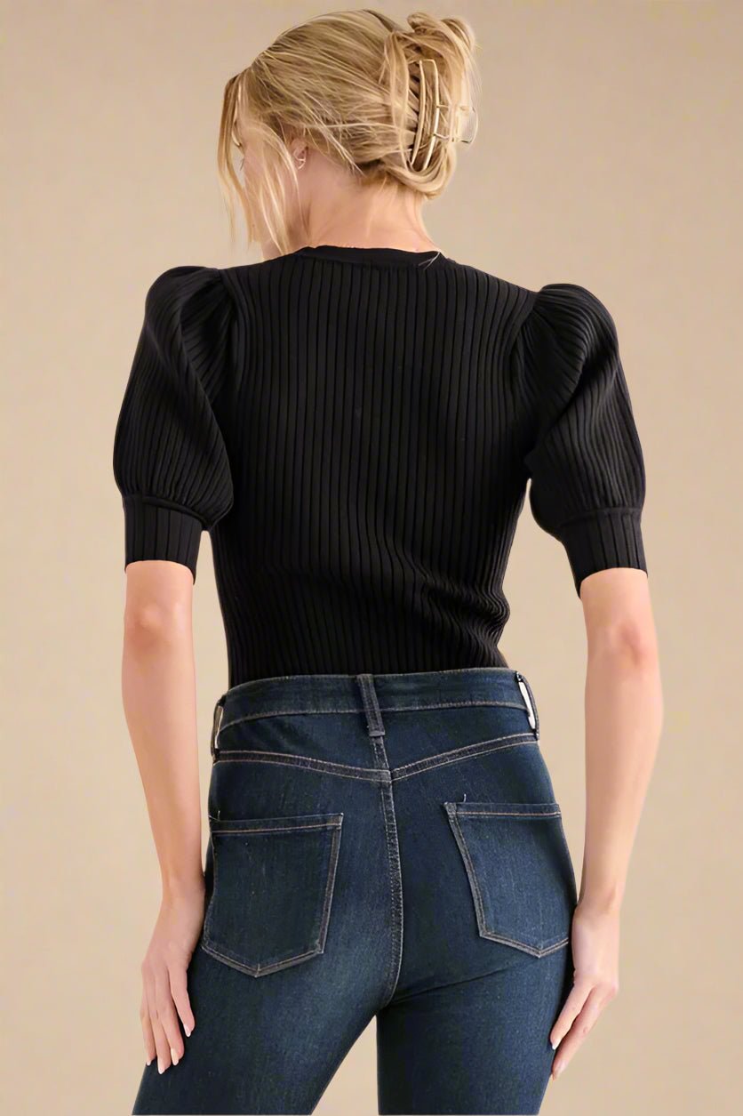 And the Why - Puff Sleeve Rib Knit Bodysuit – Black