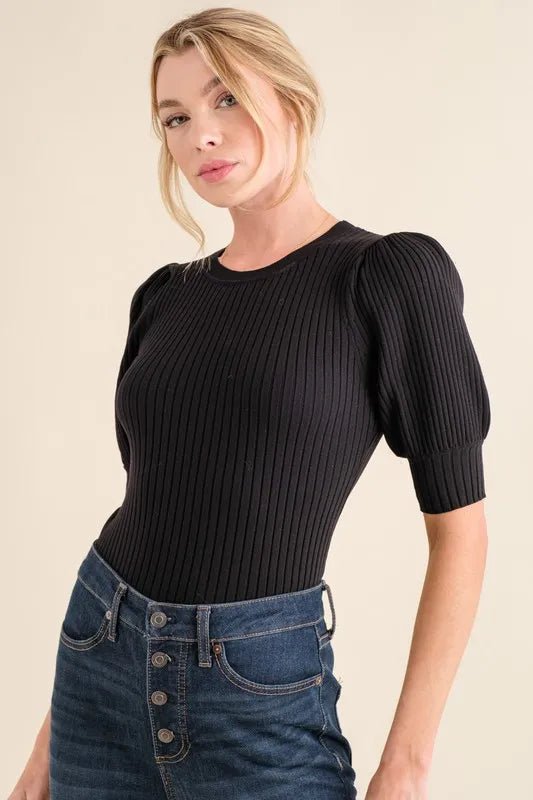 And the Why - Puff Sleeve Rib Knit Bodysuit – Black