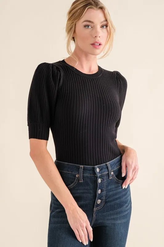 And the Why - Puff Sleeve Rib Knit Bodysuit – Black