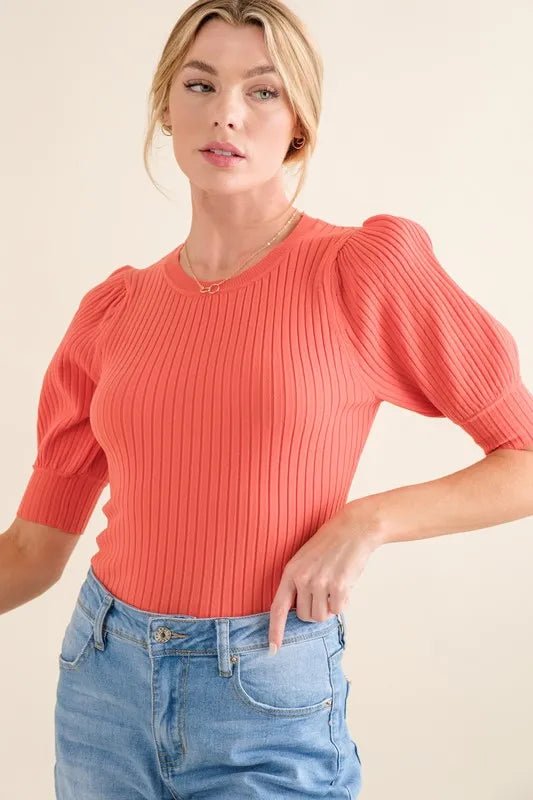 And the Why - Puff Sleeve Rib Knit Bodysuit – Coral Rose