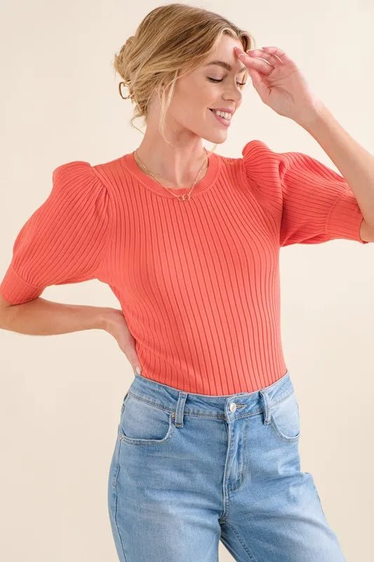 And the Why - Puff Sleeve Rib Knit Bodysuit – Coral Rose