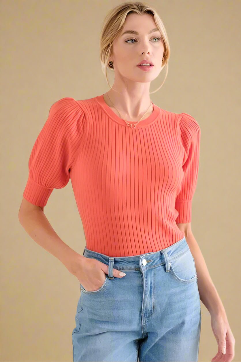 And the Why - Puff Sleeve Rib Knit Bodysuit – Coral Rose
