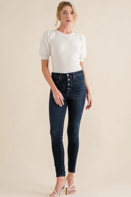 And the Why - Puff Sleeve Rib Knit Bodysuit – White