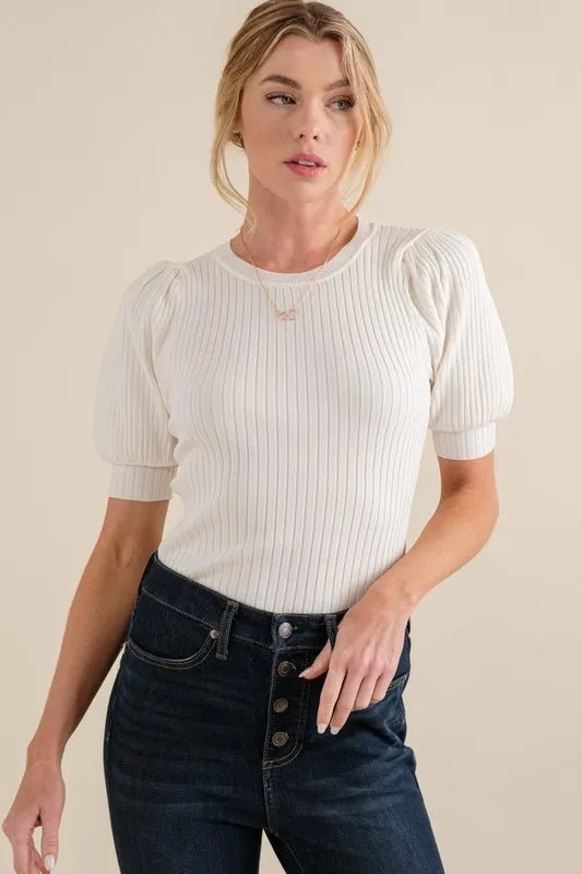 And the Why - Puff Sleeve Rib Knit Bodysuit – White