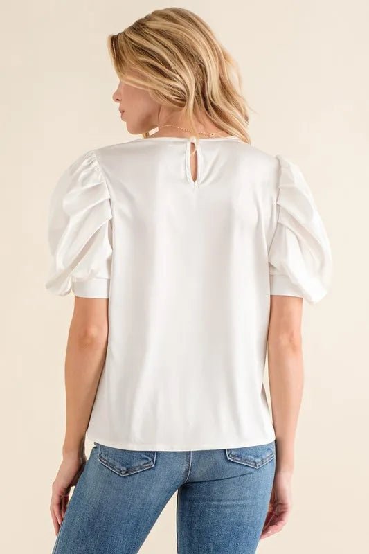 And the Why - Puff Sleeve V - Neck Top – Ivory Satin