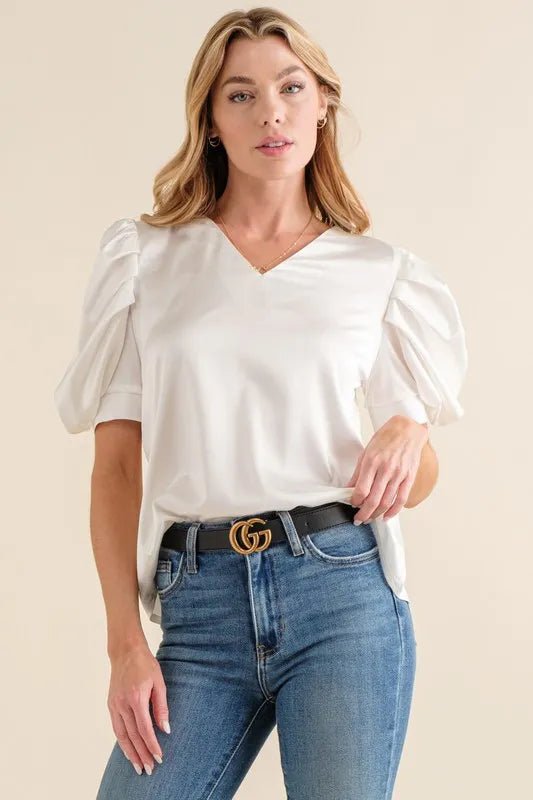 And the Why - Puff Sleeve V - Neck Top – Ivory Satin
