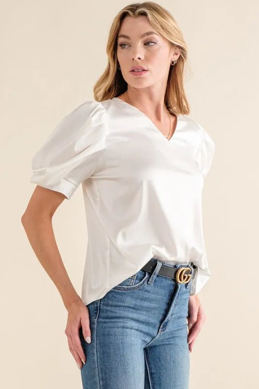 And the Why - Puff Sleeve V - Neck Top – Ivory Satin