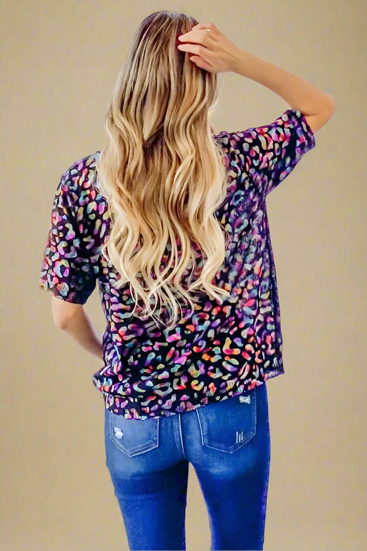 And the Why - Rainbow Leopard Print Knit Tee – Black Multi