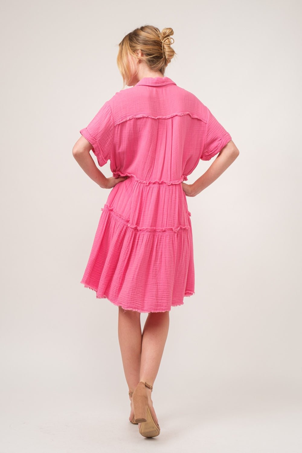 And the Why - Raw Edge Washed Cotton Tiered Knee - Length Shirt Dress in Pink