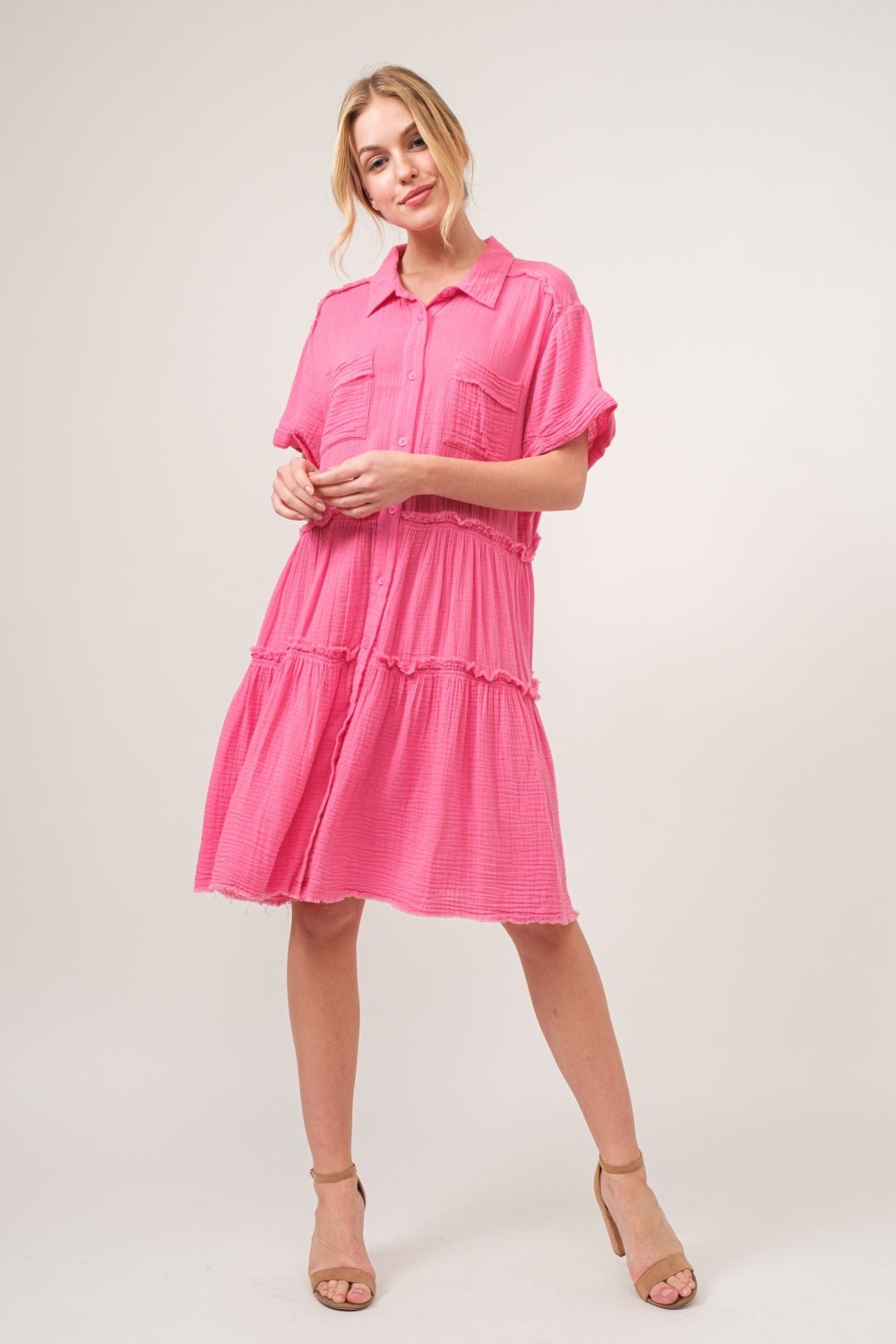 And the Why - Raw Edge Washed Cotton Tiered Knee - Length Shirt Dress in Pink