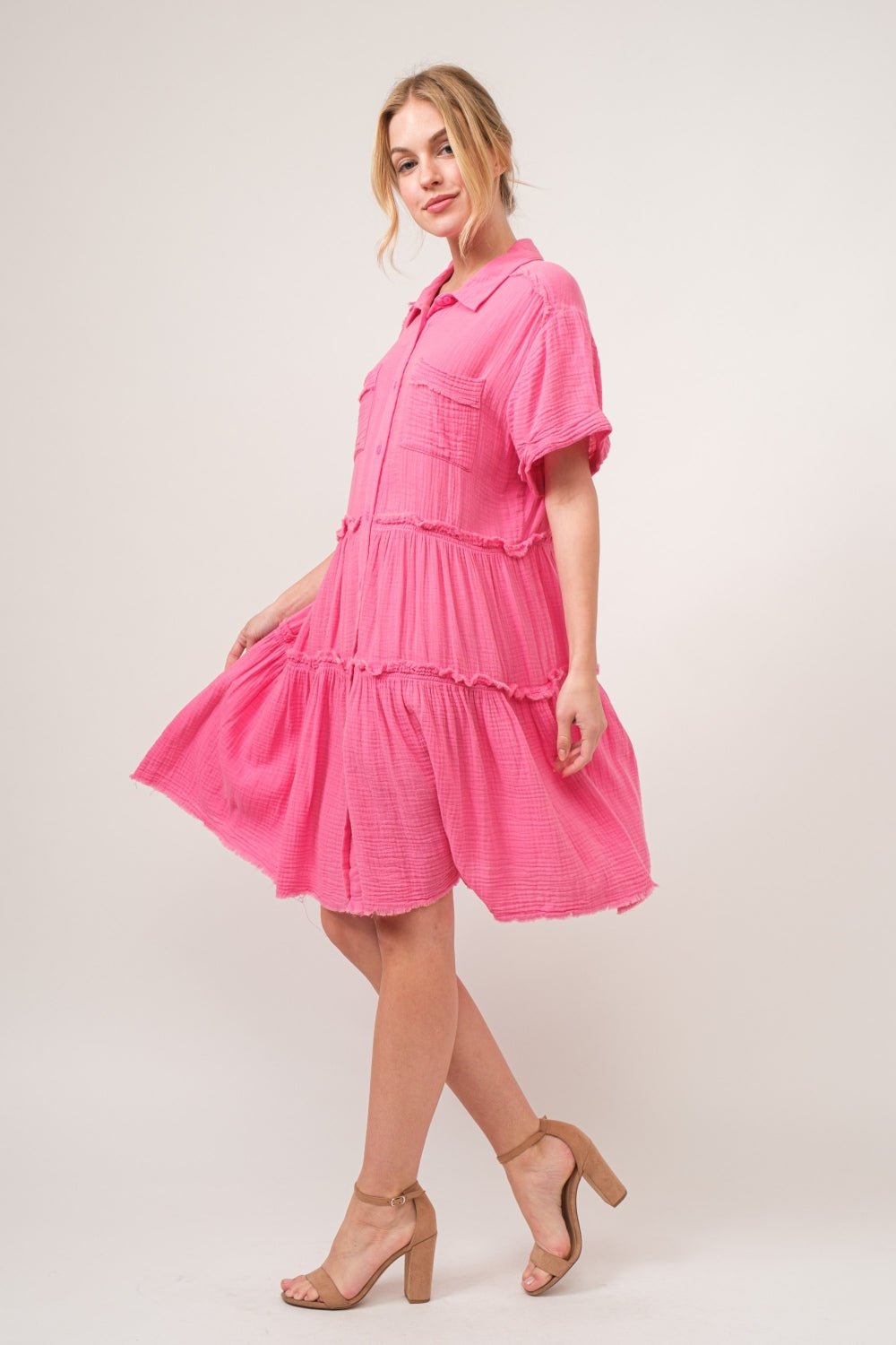 And the Why - Raw Edge Washed Cotton Tiered Knee - Length Shirt Dress in Pink