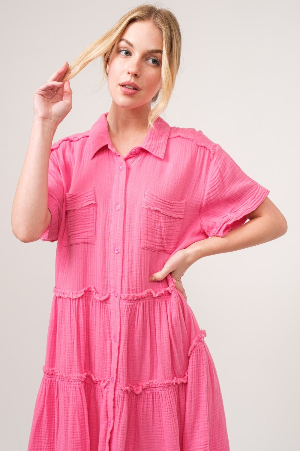 And the Why - Raw Edge Washed Cotton Tiered Knee - Length Shirt Dress in Pink